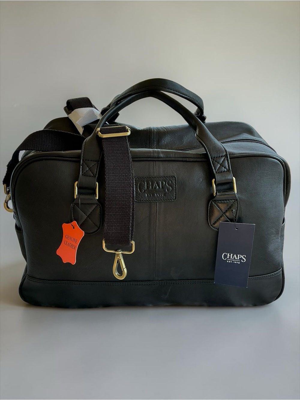 Chaps Genuine Leather Duffle Bag Carry On Travel Weekender Black Ralph Lauren